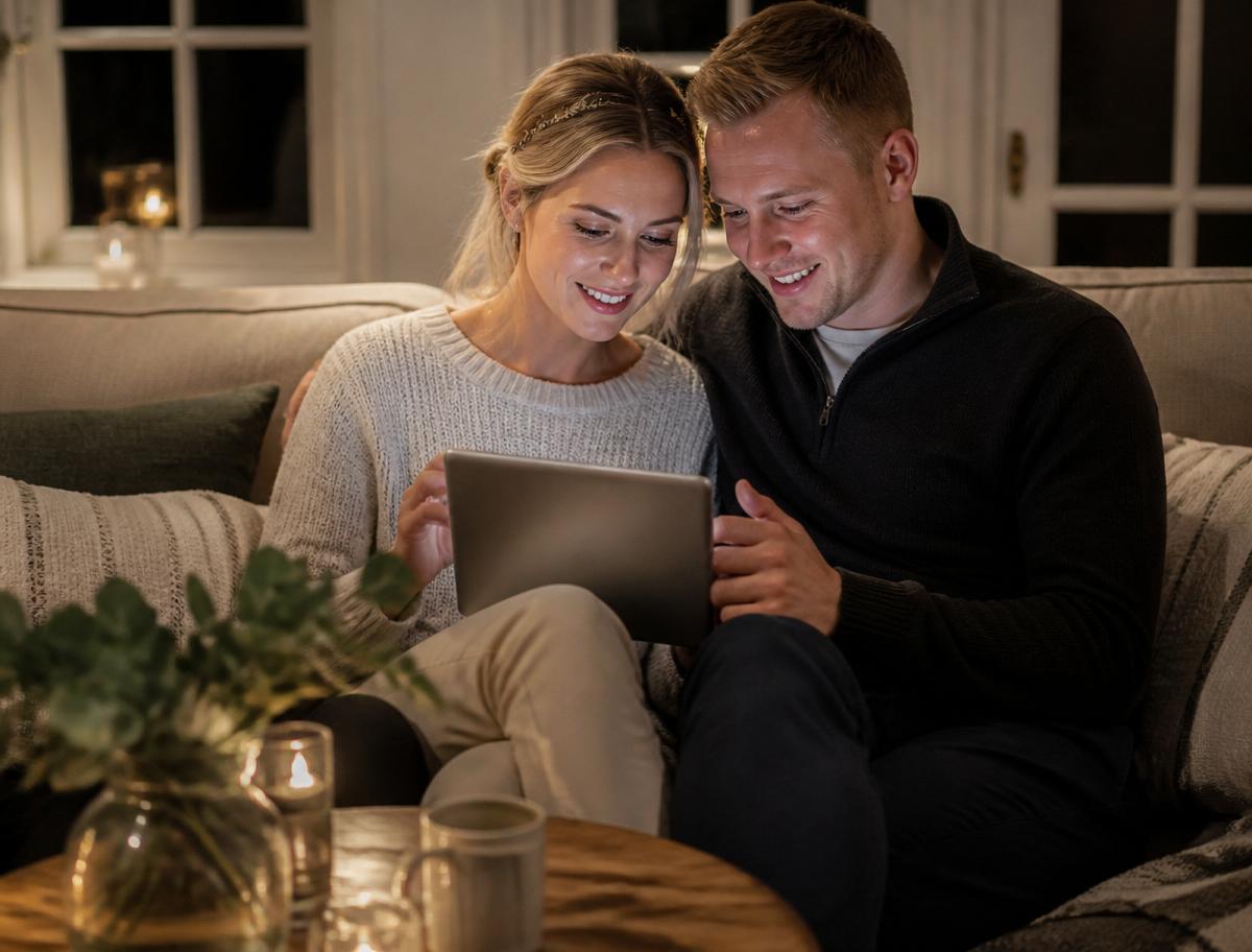 Hääpari selaa häiden jälkeen jaettuja kuvia yhdessä